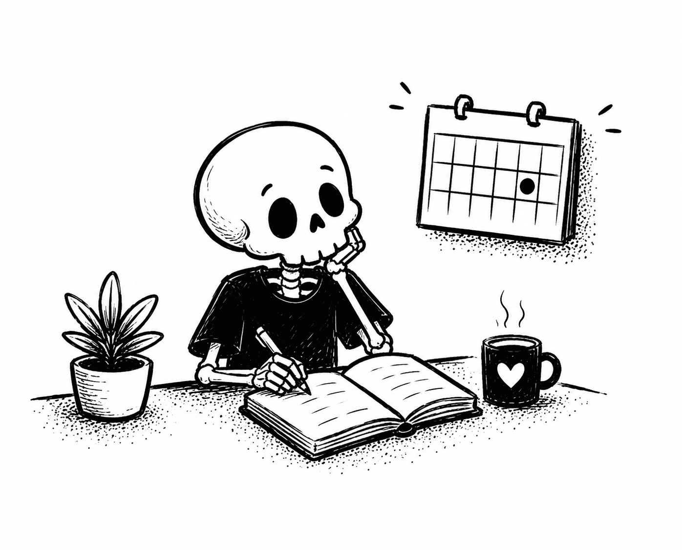 A cheerful skeleton writing in a journal beside a wall calendar with one day filled in.